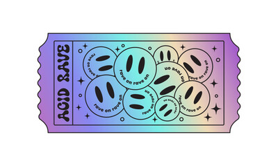 y2k acid rave abstract holographic ticket. Psychedelic smiles trippy dancing. 90s grunge cover, card, poster design. Pastel colors retro sticker