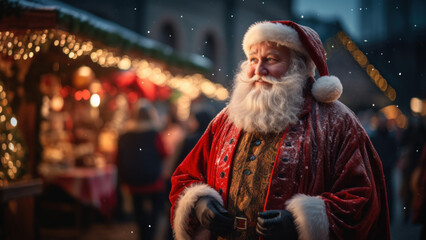 Fototapeta na wymiar Santa Claus in Christmas market, bokeh lights in the background.