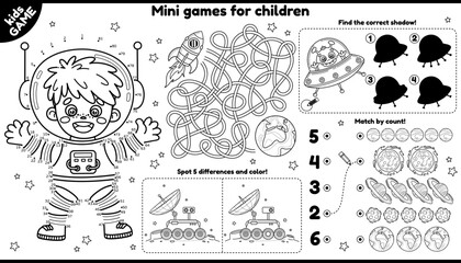 Vector space games placement for children. Kids outline set with cartoon astronaut, rocket, planets. Play and coloring. Activity mat with maze, connect the dots and color, find differences and other.