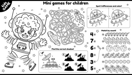 Vector space games placement for children. Kids outline set with astronaut, lunar rover, planets. Play and coloring. Activity mat with maze, connect the dots and color, find differences and other.