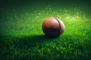 Isolated football on a green grass ground, close-up view, digital art, aesthetic background.