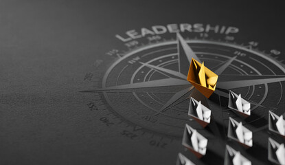 Leadership concept, yellow leader boat leading whites on compass
