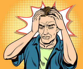 The man is having a problem, being sick, having a severe headache. Pop art retro hand drawn style vector design illustrations.
