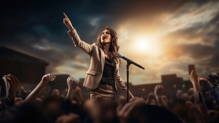 Dynamic Public Speaking, female leader speaking to a diverse audience outdoors, against a backdrop of enthusiastic listeners and a professional microphone.