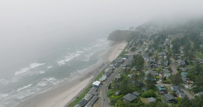 Oregon's moody coast unveiled by drone's lens.