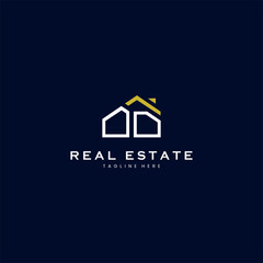 modern OD letter real estate logo in linear style with simple roof building in blue - obrazy, fototapety, plakaty
