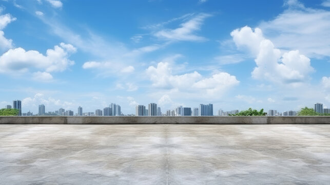 Empty brick concrete floor and modern cityscape with blue sky. Background copyspace concept