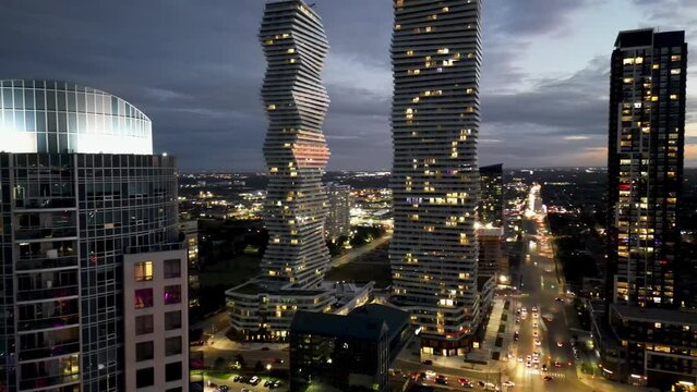  Night Aerial view of downtown Mississauga skylines. towers.