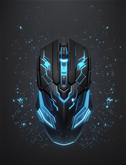"Ignite Your Gaming Universe in Black & Blue" - black and blue sci-fi/futuristic gaming mouse.