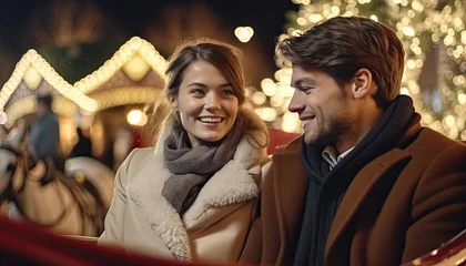 Poster Happy couple taking a horse-drawn carriage ride in Christmas lights, romantic holiday outing, festive carriage tour © gfx_nazim
