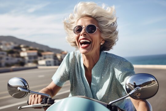 Happy Mature Woman On Scooter, In The Style Of Use Of Vintage Imagery