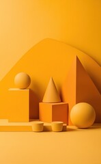 Abstract background in yellow colors with clay figures. Retro-futuristic style, bright colors. Generative ai