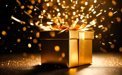 Gift box on a black holiday background with gold glitter and confetti