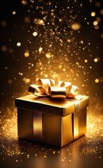 Gift box on a black holiday background with gold glitter and confetti