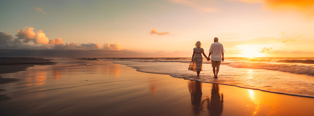 Senior couple walking along a beach in the sunset. Concept of retirement, mature love and travel. Shallow field of view with copy space.
