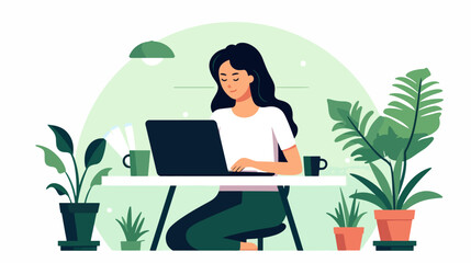 Fototapeta na wymiar Flat illustration of a girl working on laptop, 2d vector illustration,flat character.