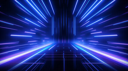 Fototapeta na wymiar Futuristic room dark blue spaceship interior with glowing neon tunnel lights