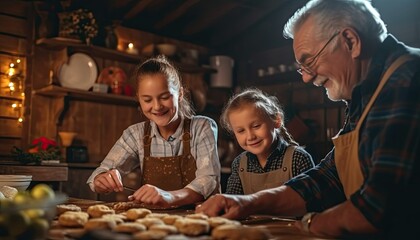 Happy grandparents baking Christmas cookies, family holiday baking, generations bonding