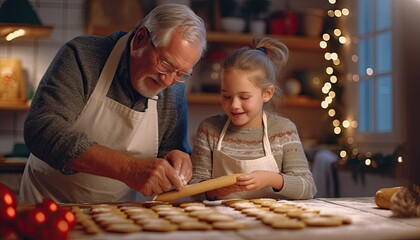 Happy grandparents baking Christmas cookies, family holiday baking, generations bonding