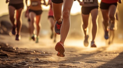 feet of runners moving along a calm sea trail at dawn. Health, fitness and the joy of morning exercise.