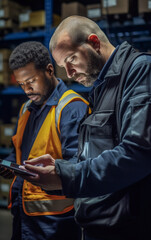 Two warehouse workers compare inventory data with their devices