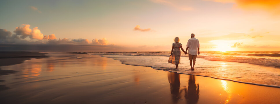 Senior couple walking along a beach in the sunset. Concept of retirement, mature love and travel. Shallow field of view with copy space.