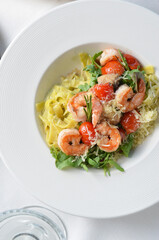 Shrimp Fettuccine Pasta, Italian Pasta with Shrimps and Creamy Sauce, Top View
