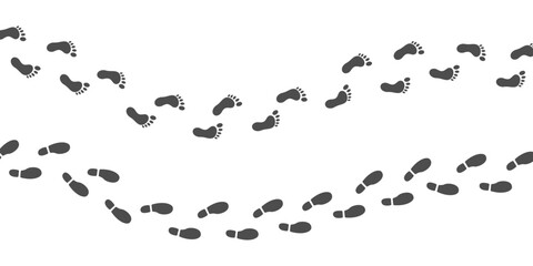 Footprint path icon set. Human shoes footstep. Walking way. Hiking silhouette. Foot step. Footmark sign. Navigation wave for mobile app, game, poster. Vector icon Illustration