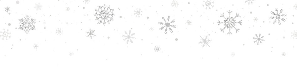 Silver glitter snowflakes falling on white background. Grey snowflake border with different ornament. Luxury Christmas garland frame. Winter ornament for packaging, card, banner. Vector illustration