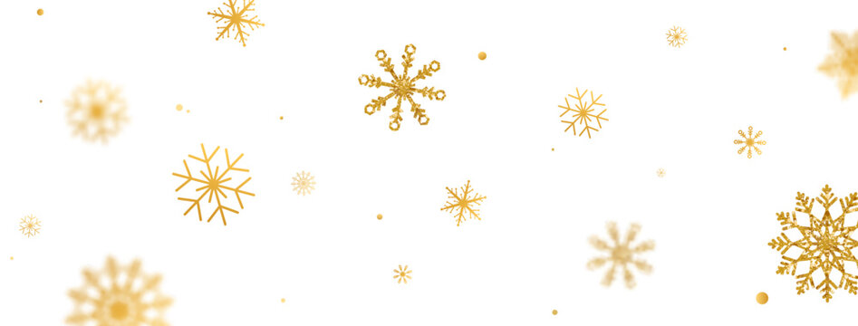 Gold glitter snowflakes frame. Golden snowflake background with different ornament. Luxury Christmas garland border. Winter ornament. Happy Holiday card. Celebration banner. Vector illustration