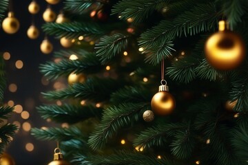 Beautiful Decorated Christmas tree, Abstract bokeh background. Christmas eve concept.