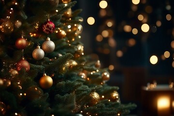 Obraz na płótnie Canvas Beautiful Decorated Christmas tree, Abstract bokeh background. Christmas eve concept.
