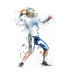 American football player throws ball, isolated  low poly vector illustration, geometric drawing logo