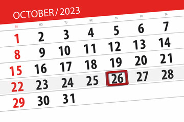 Calendar 2023, deadline, day, month, page, organizer, date, October, thursday, number 26