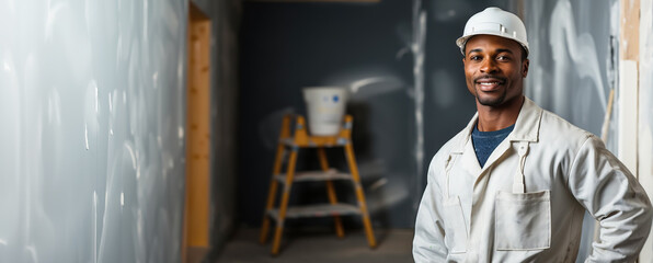 African american house painter male in renovation room. Decoration and improvement living or office interior banner.