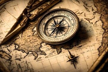 Craft a mesmerizing view of a vintage compass resting on an old map. 