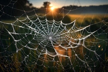Generate an exquisite depiction of a dew-covered spiderweb at dawn. 