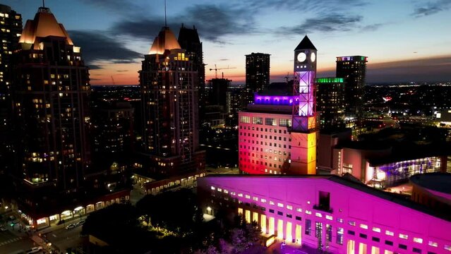 Night Aerial view of Mississauga City Hall Celebration Square. downtown Mississauga and Clock Tower in summer.
