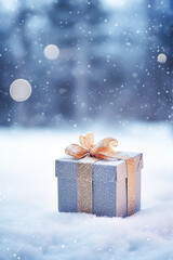 Christmas holiday gift and present, gift box in the snow in snowfall winter countryside nature for boxing day, holidays shopping sale
