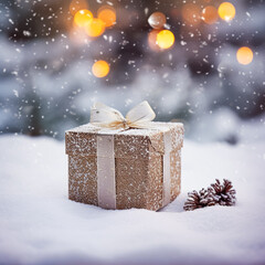 Christmas holiday gift and present, gift box in the snow in snowfall winter countryside nature for boxing day, holidays shopping sale