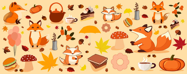 Autumn icon collection set consists of cute foxes and items on a light shade of brown color background pastel tone. Vector illustration drawings.