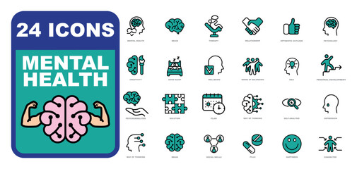 Mental health icon set. Thin outline icons. Mental Health Development and Care.