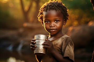 Portrait child of Africa drink water from mug , close-up. Drought, lack of water problem - obrazy, fototapety, plakaty