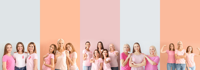 Set of many women with pink ribbons on color background. Breast cancer awareness concept - obrazy, fototapety, plakaty