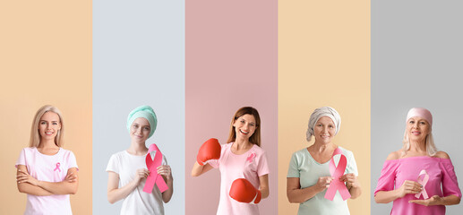 Set of women with pink ribbons on color background. Breast cancer awareness concept