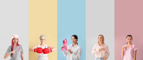 Set of women with pink ribbons on color background. Breast cancer awareness concept
