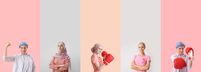 Set of women on color background. Breast cancer awareness concept