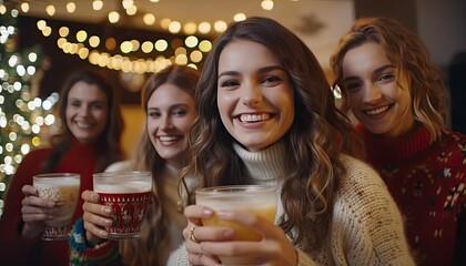 Jovial friends toasting with eggnog at a Christmas party, festive celebration, holiday drinks