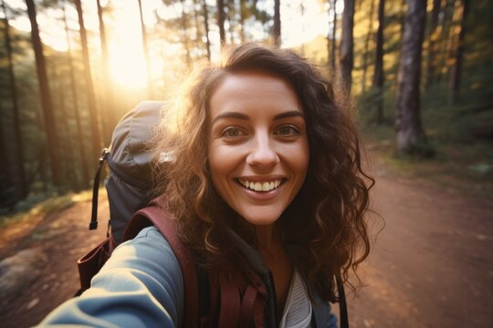 Happy female tourist with backpack taking selfie picture with smart mobile phone outside the nature at sunset. Generative AI