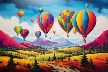 Beautiful landscape with flying balloons.